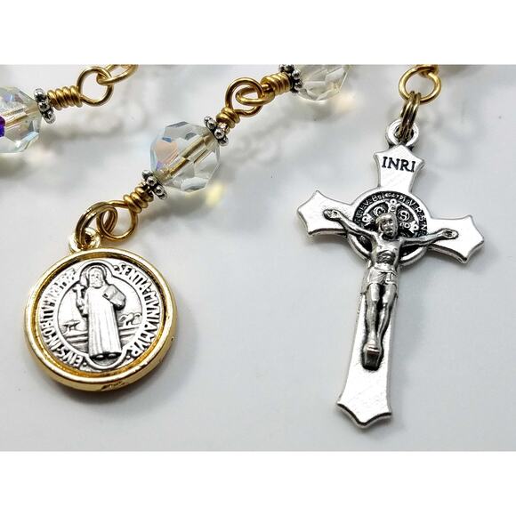 St. Benedict Clear Handmade One Decade Rosary, Clear Swarovski Decade Beads - Picture 5 of 10
